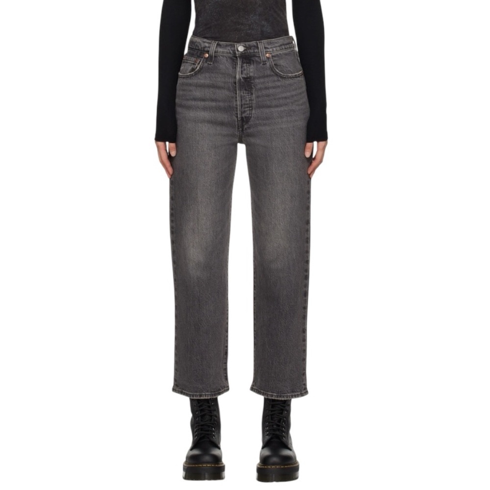Levi's Premium Ribcage High Rise Straight Ankle Jeans 28 Well Worn Black Denim